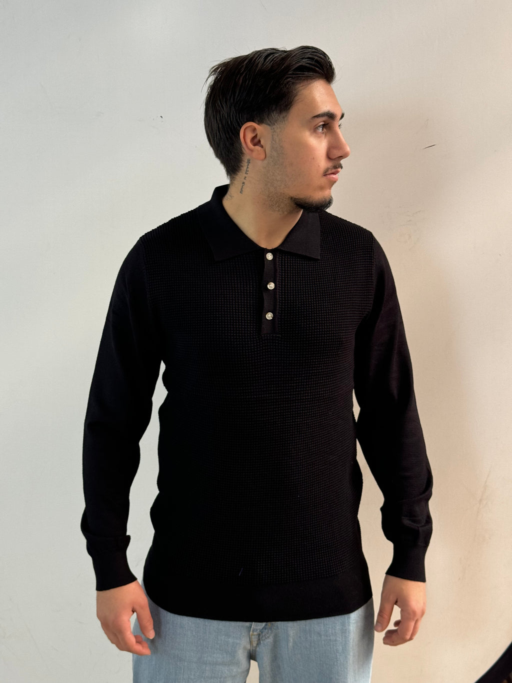 Polo manica lunga misto lana lavorazione texture - Fatto a mano in Italia - Pezzi limitati