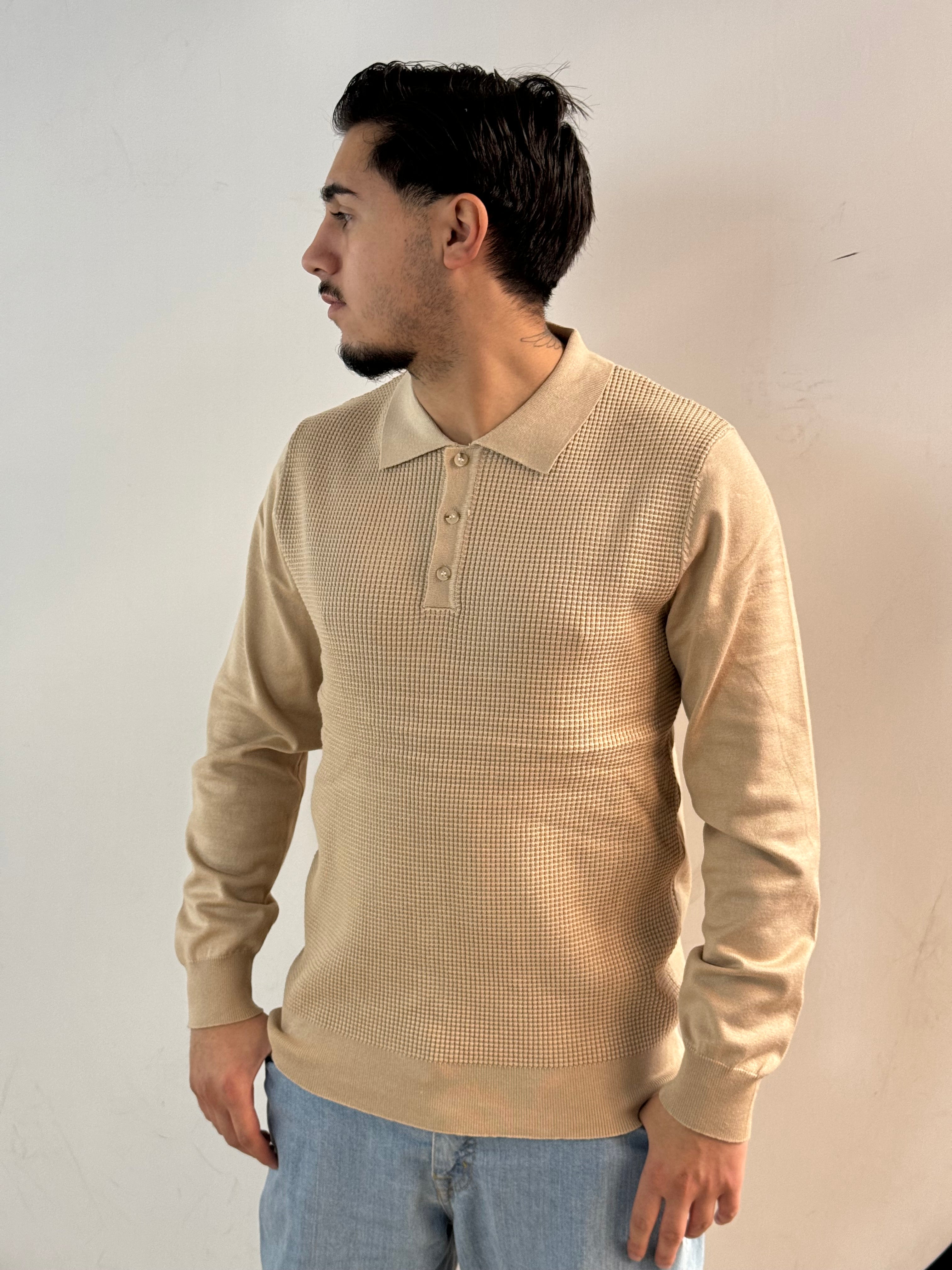 Polo manica lunga misto lana lavorazione texture - Fatto a mano in Italia - Pezzi limitati